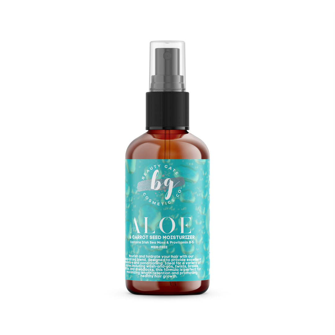 A bottle of natural Beauty Gate Aloe & Carrot Seed Moisturizer by Beauty Gate Cosmetics on a white background.