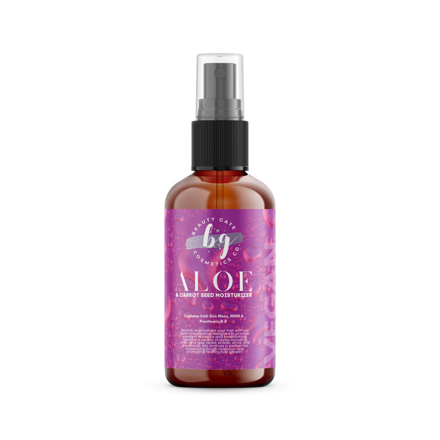 A bottle of natural Beauty Gate Aloe & Carrot Seed Moisturizer on a white background for hair and skincare.