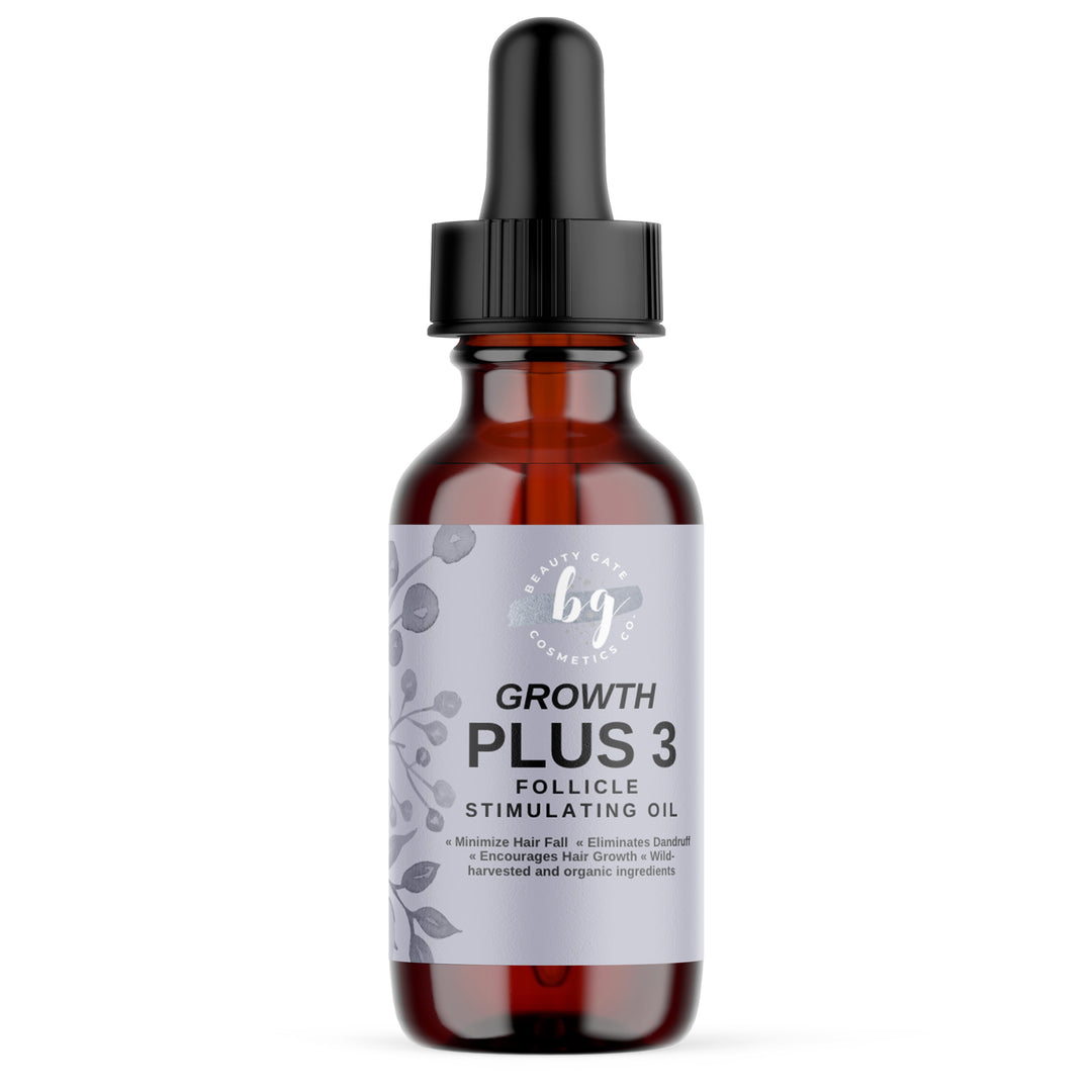 Amber bottle of Growth Plus 3 follicle stimulating oil with black dropper top.