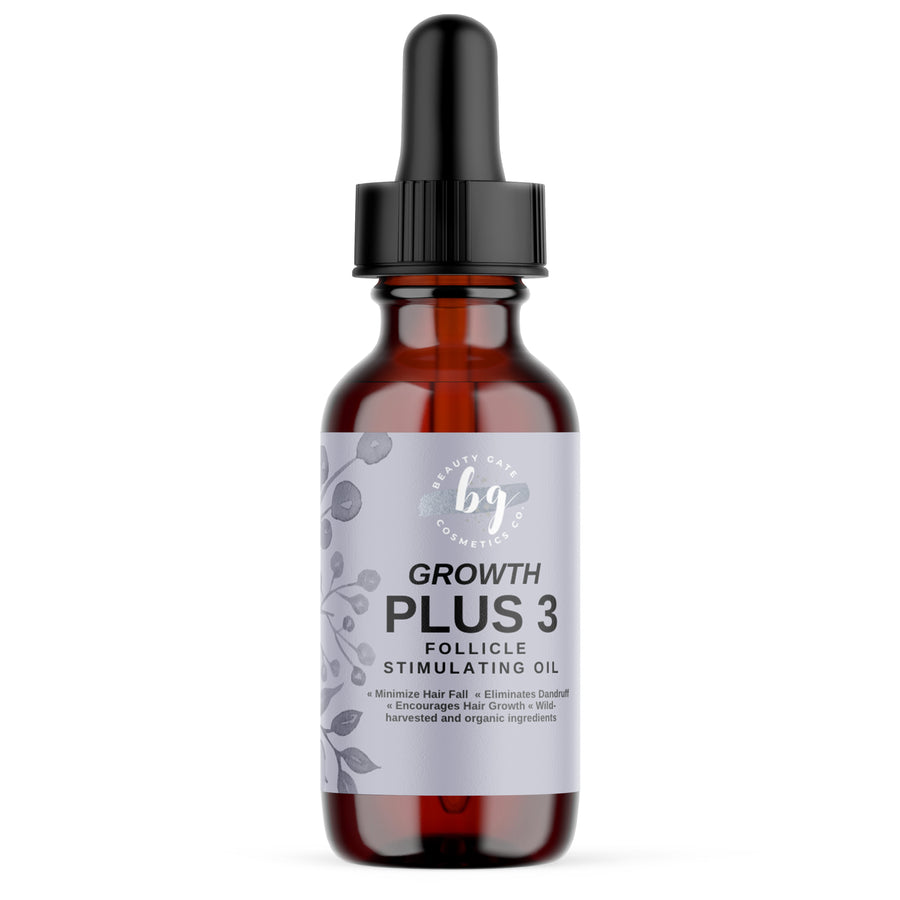 Amber bottle of Growth Plus 3 follicle stimulating oil with black dropper top.