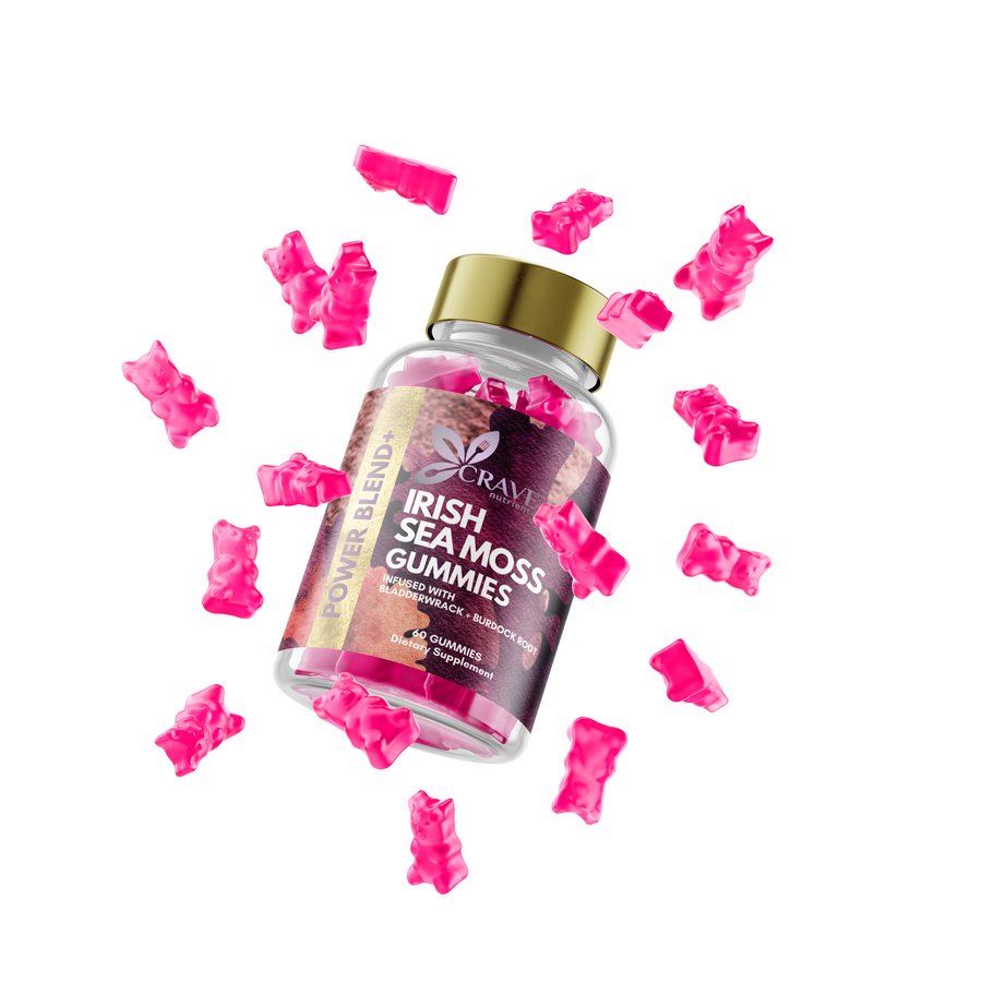 Product image of a clear bottle with a gold lid labeled "Irish Sea Moss Gummies," surrounded by pink gummy bears.