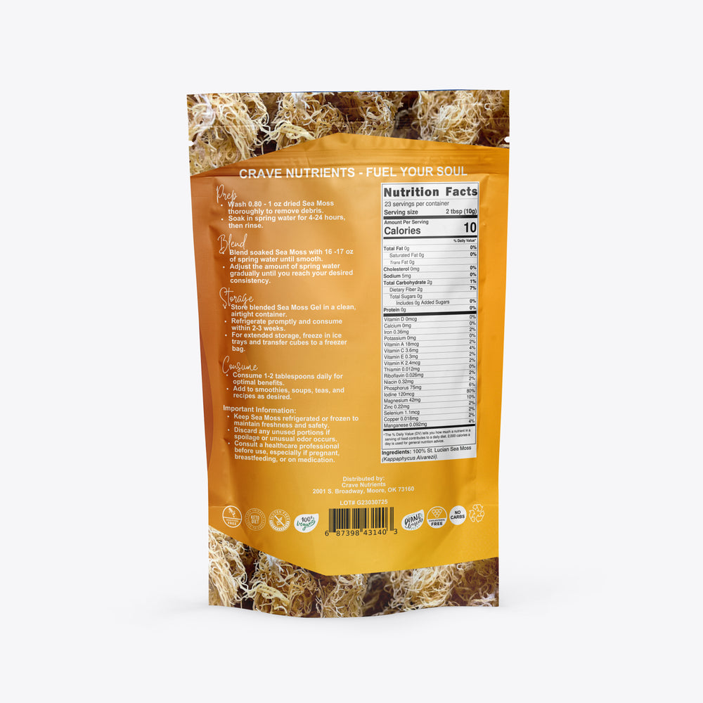 A package of Crave Nutrients Sea Moss, showing preparation instructions and nutrition information.