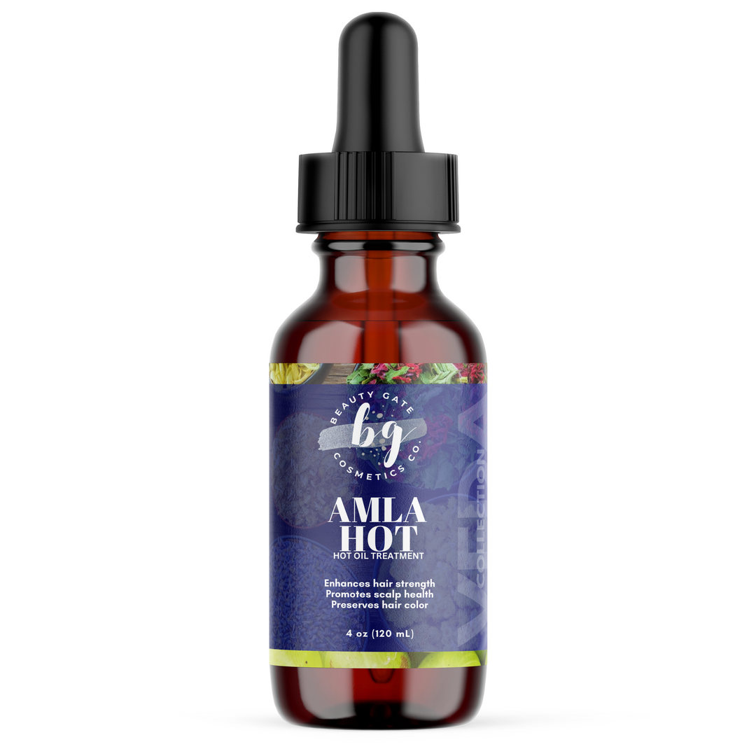 Amber glass dropper bottle of Amla Hot hot oil treatment.