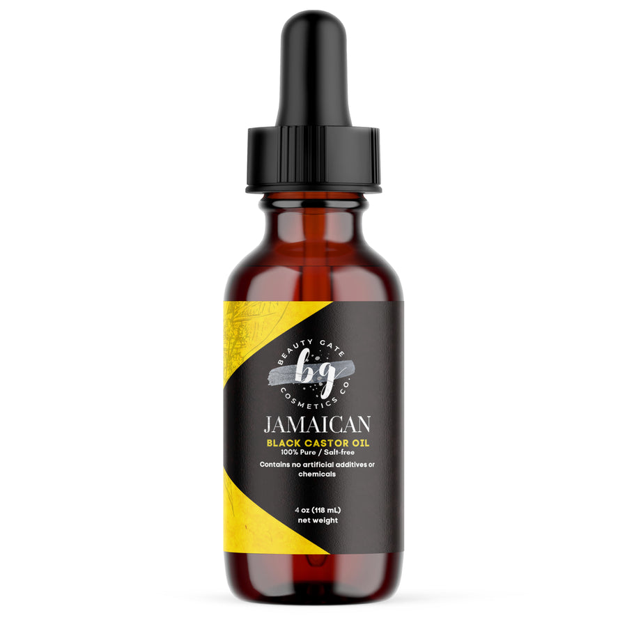 Dark amber bottle of Beauty Gate Jamaican Black Castor Oil with black dropper.
