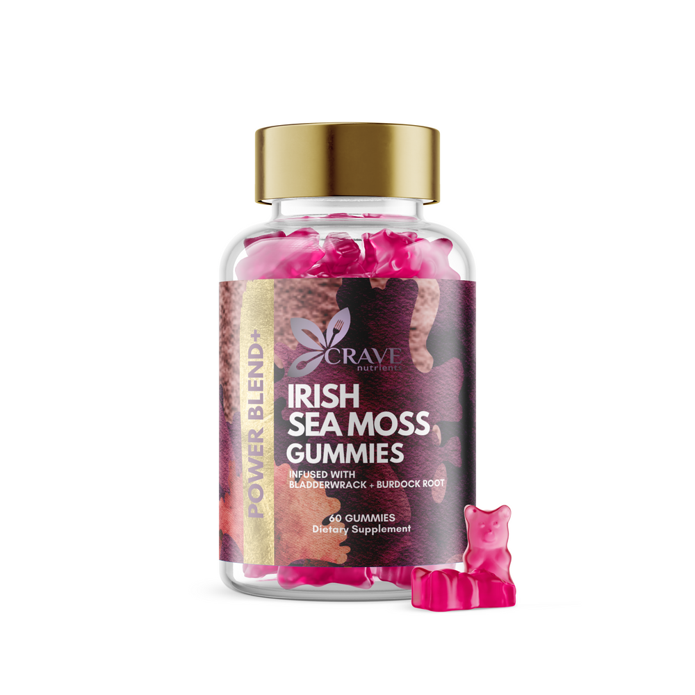 A bottle of Crave Irish Sea Moss Gummies with two gummies outside the bottle.