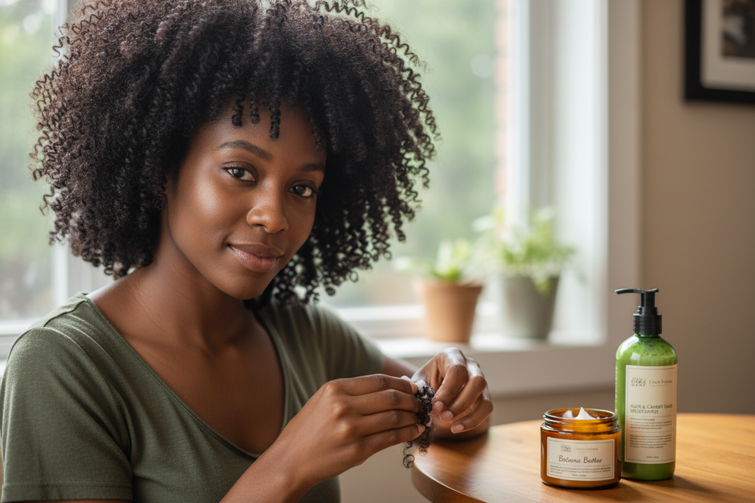 Woman caring for 4z hair with natural butters and moisturizer, perfect for healthy DIY beauty routines