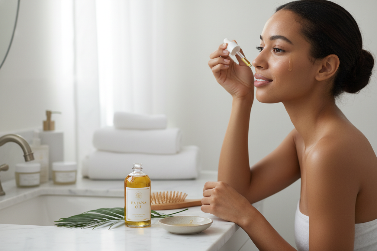 Woman applying batana oil to her face, exploring batana oil comedogenic rating for natural skincare
