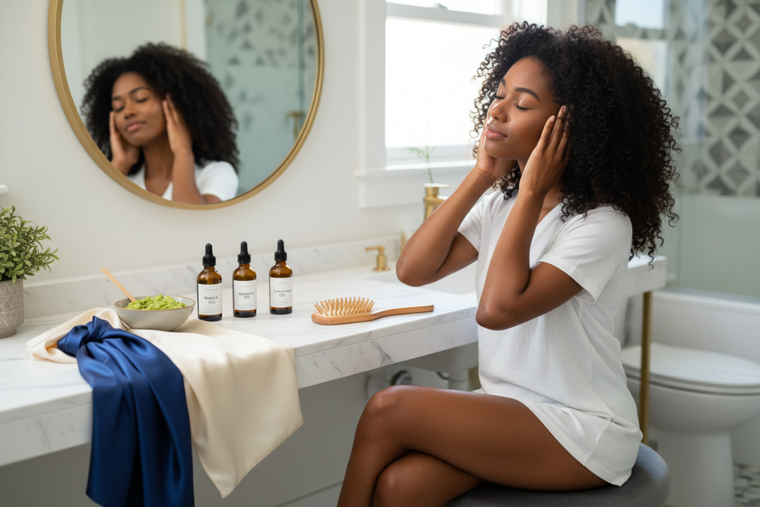 Woman massaging scalp with natural hair growth remedies and oils for healthy, beautiful curls at home