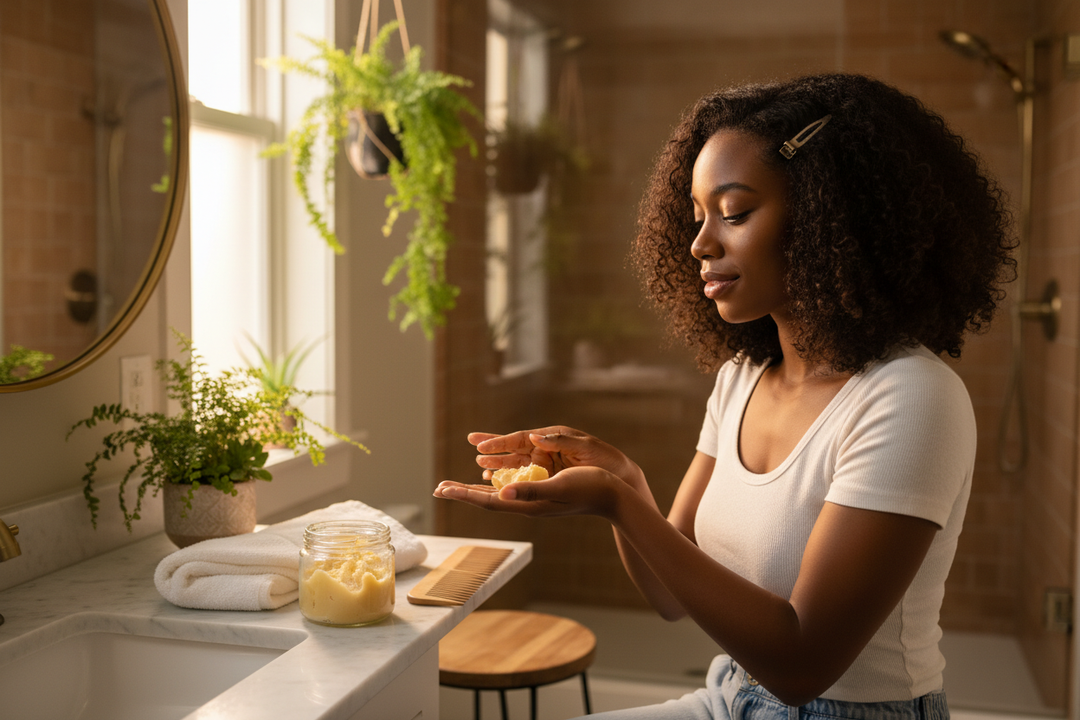 Applying raw shea butter on hair for natural moisture and shine, answering can I use raw shea butter on my hair
