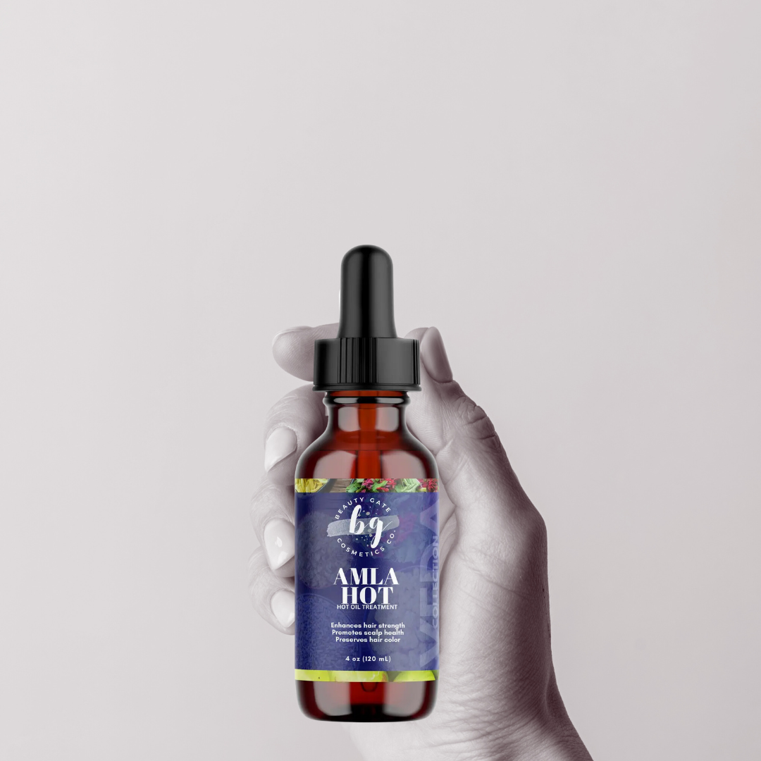 Woman applying amla oil nearby for natural hair care with DIY beauty ingredients on table