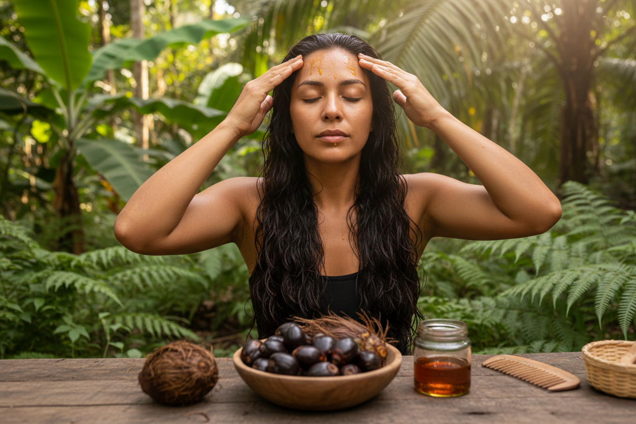 Woman applying wild harvested batana oil to her hair and scalp, highlighting natural beauty benefits