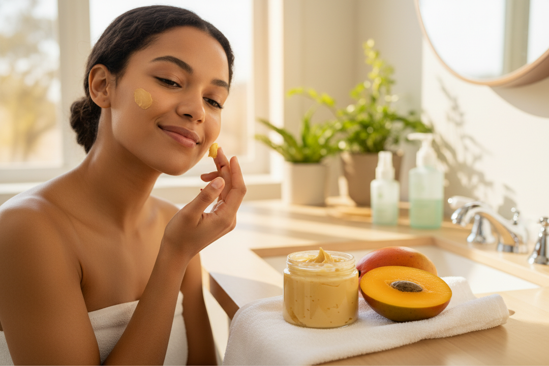 Woman applying mango butter to her face for natural skincare with fresh mango on bathroom counter