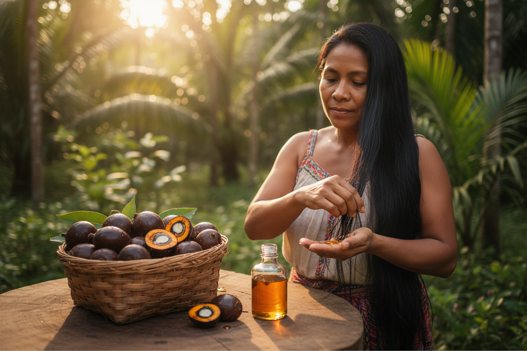 Woman applying miskito batana oil to long hair for natural beauty and healthy hair care
