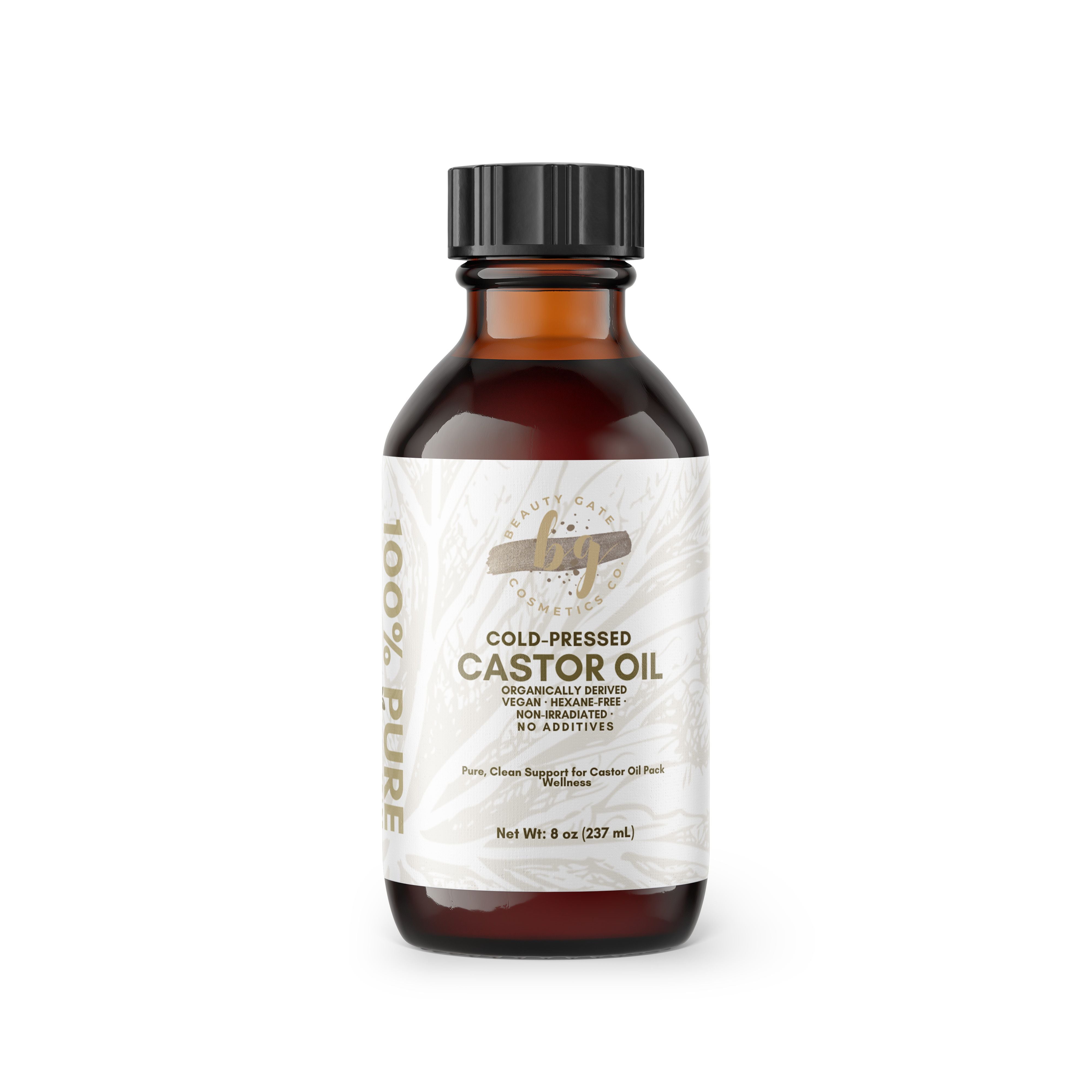 Brown bottle of cold-pressed castor oil with black cap.