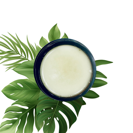 Overhead shot of a jar of lotion surrounded by green leaves.
