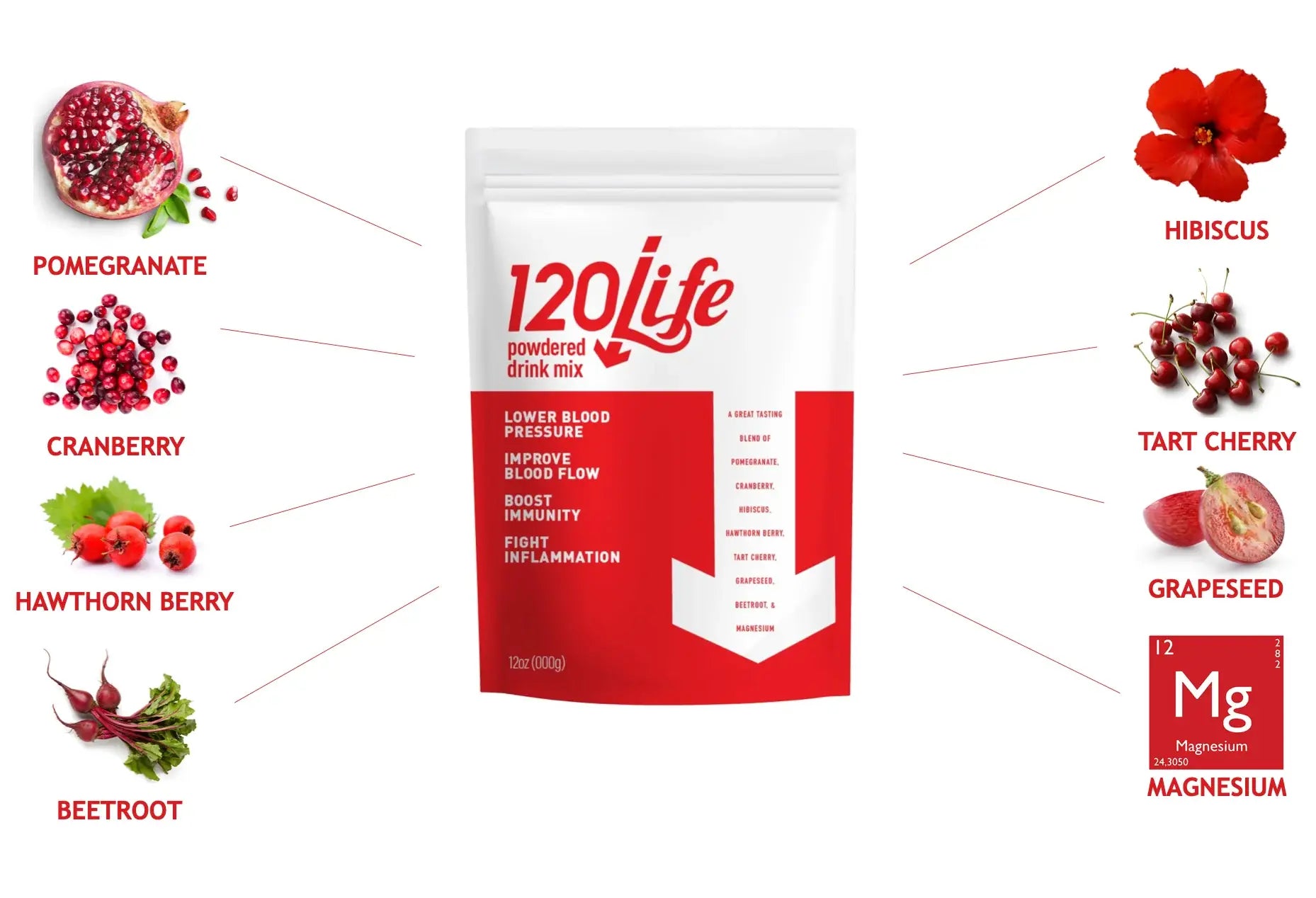 Product image showcasing 120Life powdered drink mix with ingredients: pomegranate, cranberry, hawthorn berry, beetroot, hibiscus, tart cherry, grapeseed, and magnesium.