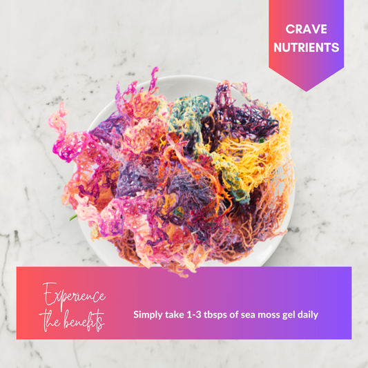 A colorful pile of sea moss on a white plate.
