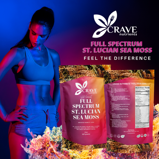 Woman in athletic wear, sea moss product, nutrition facts.