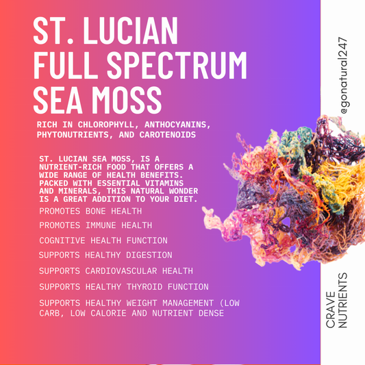 Product image promoting St. Lucian full spectrum sea moss with potential health benefits.