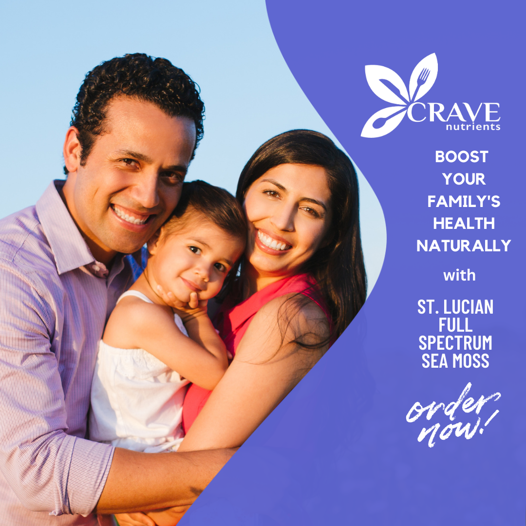 An advertisement for Crave Nutrients featuring a family, including a man in a pink shirt, a woman in a red top, and a child in a white dress, and text promoting sea moss and the slogan "order now!" against a blue background.
