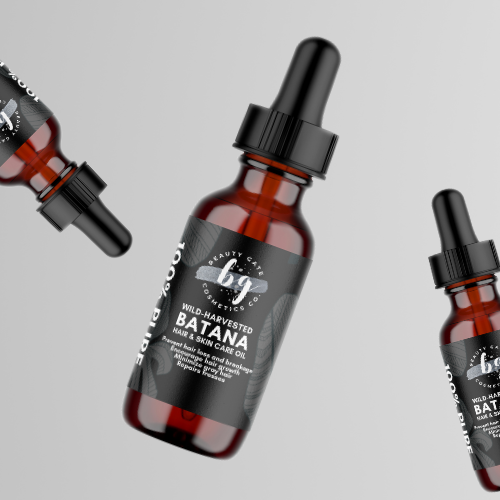 Three amber glass bottles with black dropper caps and labels displaying "Beauty Gate Cosmetics Wild-Harvested Batana Hair & Skin Care Oil."