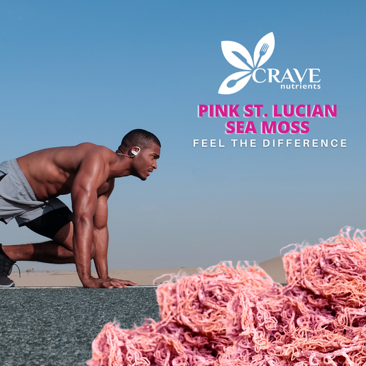 Muscular man in workout gear in running position with pink sea moss in the foreground.