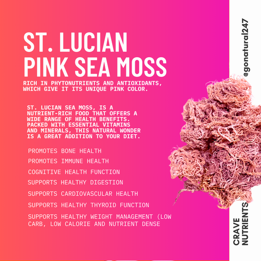 Close-up of pink sea moss against a gradient pink background, with text promoting health benefits and brand details.