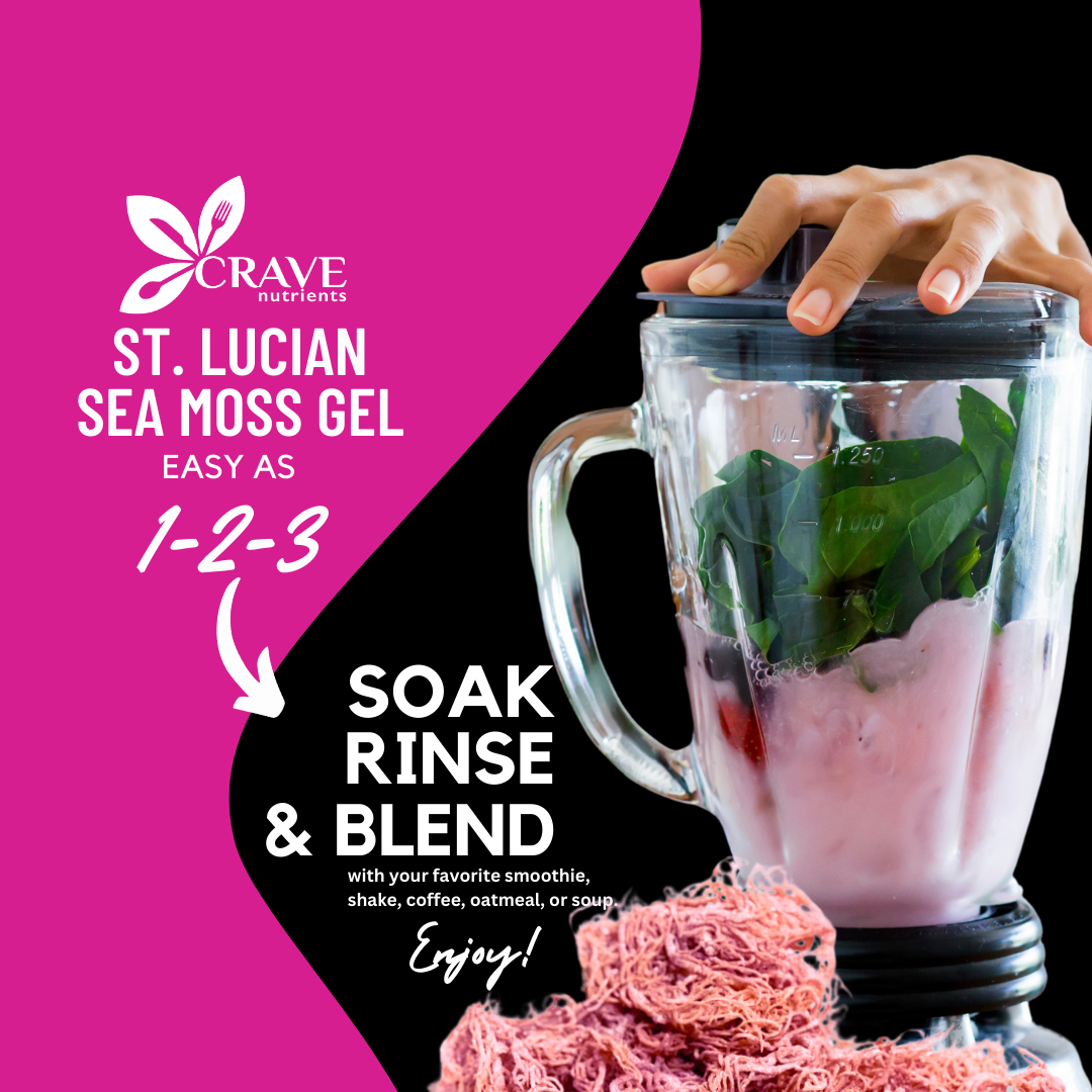 Close-up of a blender filled with a pink mixture and green leaves, with text promoting St. Lucian Sea Moss Gel.