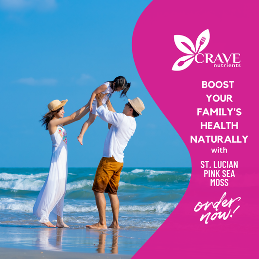 A family plays on a beach in front of an advertisement for St. Lucian Pink Sea Moss.
