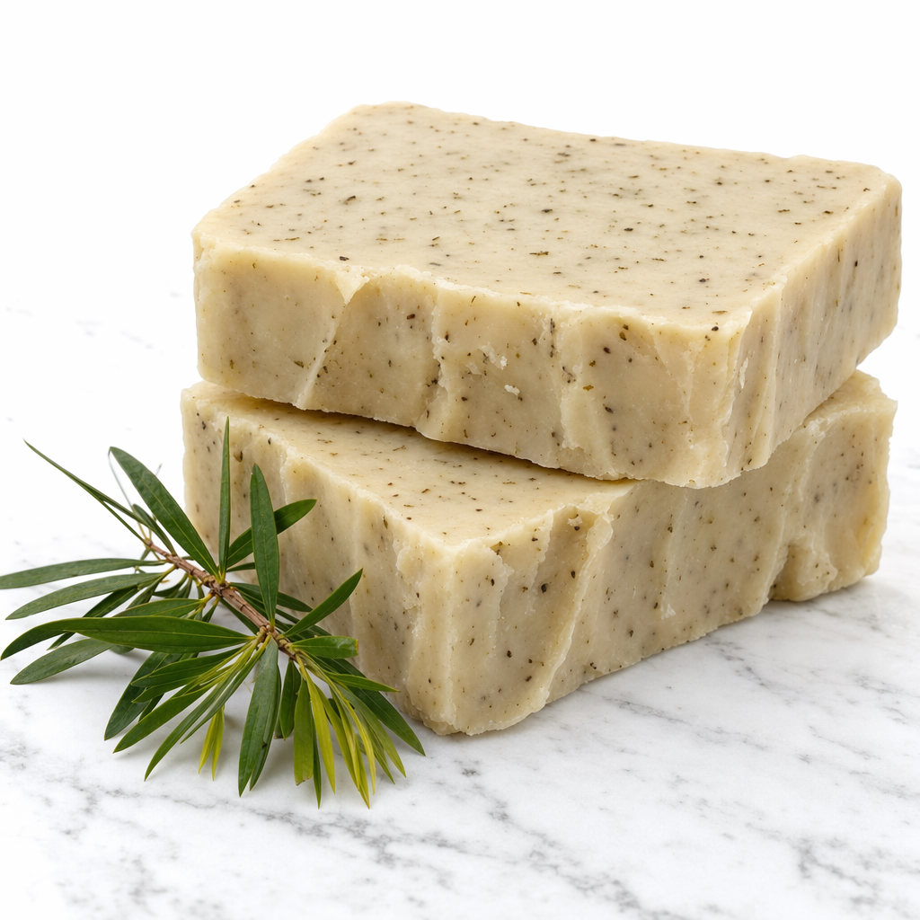 Tea Tree Soap Bar handcrafted ivory cold-process bars stacked on white marble with botanical sprig