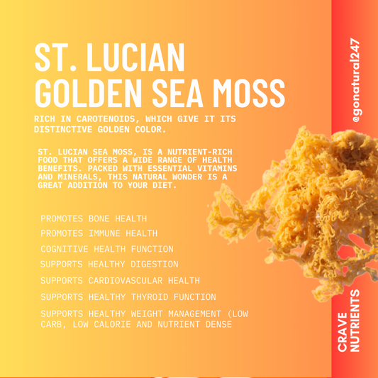 Product image showcasing St. Lucian Golden Sea Moss with health benefits and brand information on an orange gradient background.