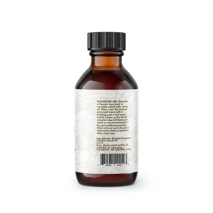 A brown glass bottle with a black cap and a white label with text.