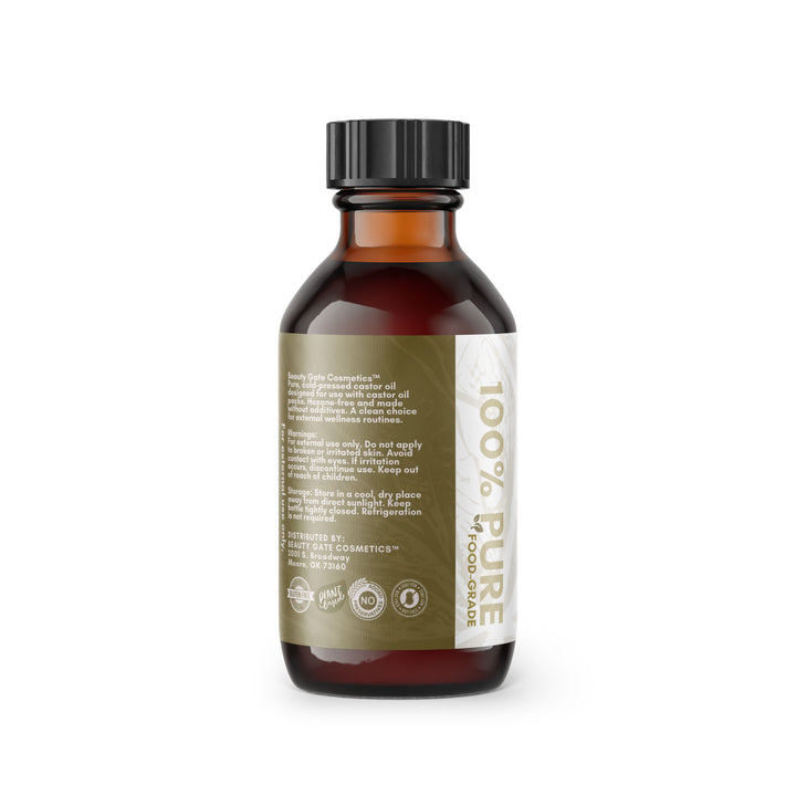 Amber glass bottle with black cap and white label.