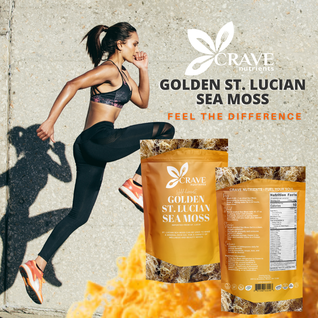 A woman running next to two packages of golden sea moss.
