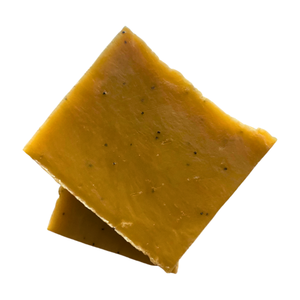 Two square-cut pieces of olive-colored soap with flecks.
