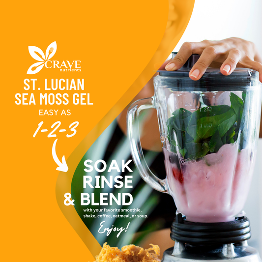 A close-up product image shows a person using a blender to make a smoothie from St. Lucian sea moss gel. The image also features text describing the product.