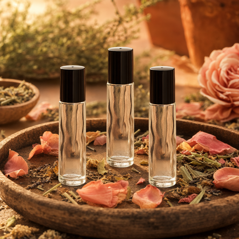 10 ml Glass Roll-On Bottles - Rustic Tray Lifestyle with Rose Petals