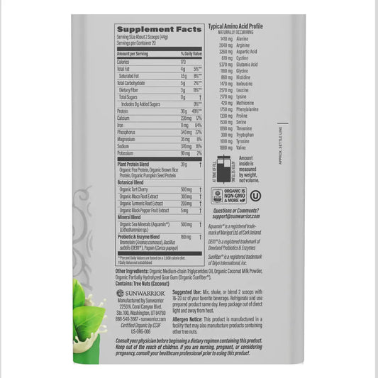 Sunwarrior - Unflavored Active Protein - Plant-Based, Gluten-Free Sunwarrior