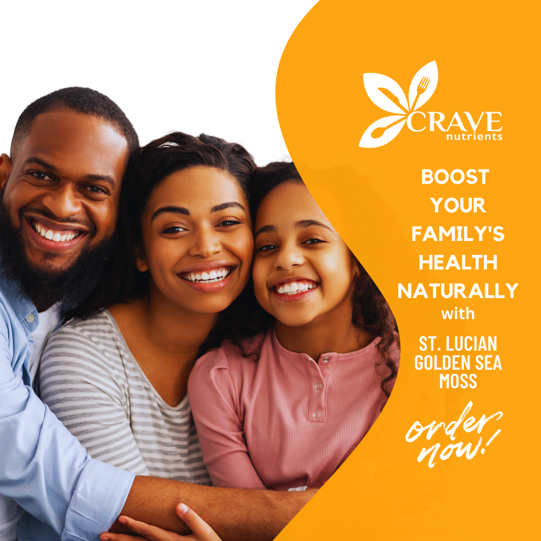 Family embracing with bright smiles, advertisement for St. Lucian Golden Sea Moss on yellow background.