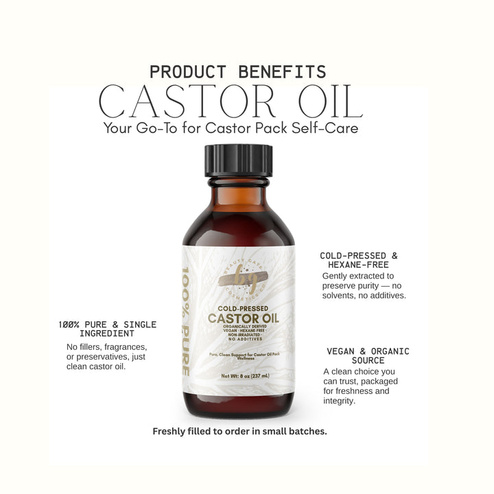 Brown bottle of cold-pressed castor oil with product benefits listed.