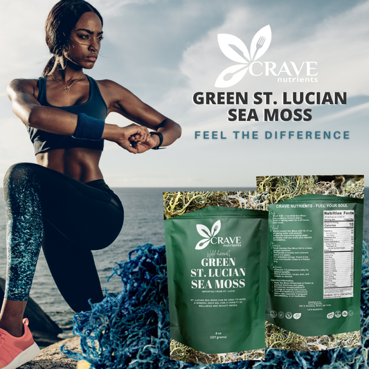 A product image featuring a woman exercising with a seascape background and the "Crave Nutrients Green St. Lucian Sea Moss" product displayed.