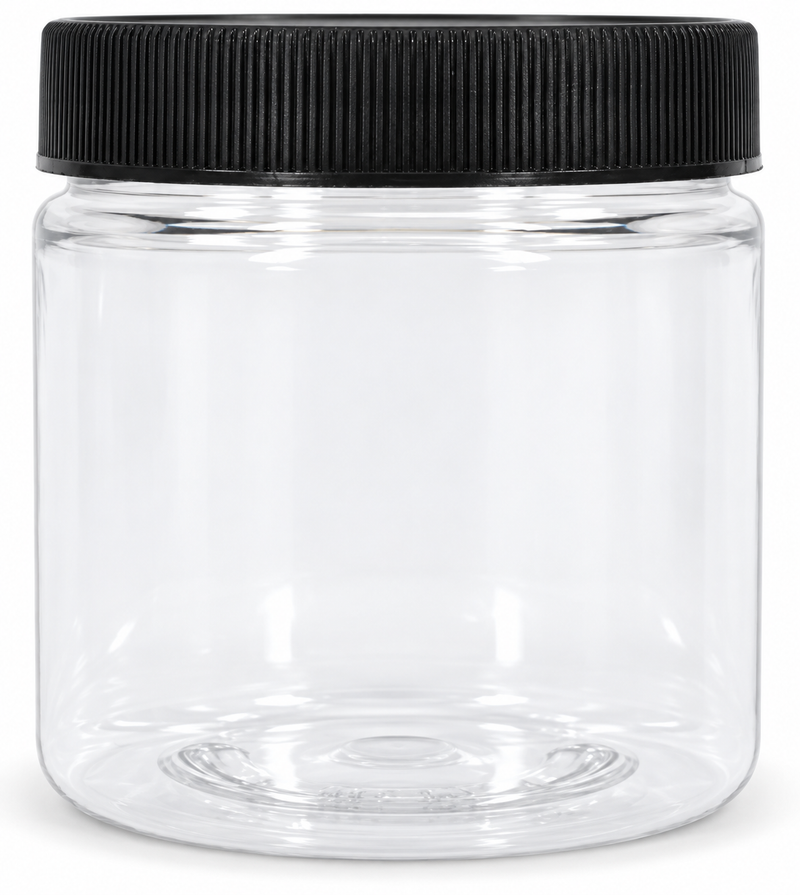 8 oz PET Cosmetic Jar with Black Ribbed Cap | Clear Go Natural 247