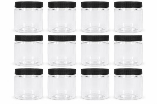 8 oz PET Cosmetic Jar with Black Ribbed Cap | Clear Go Natural 247
