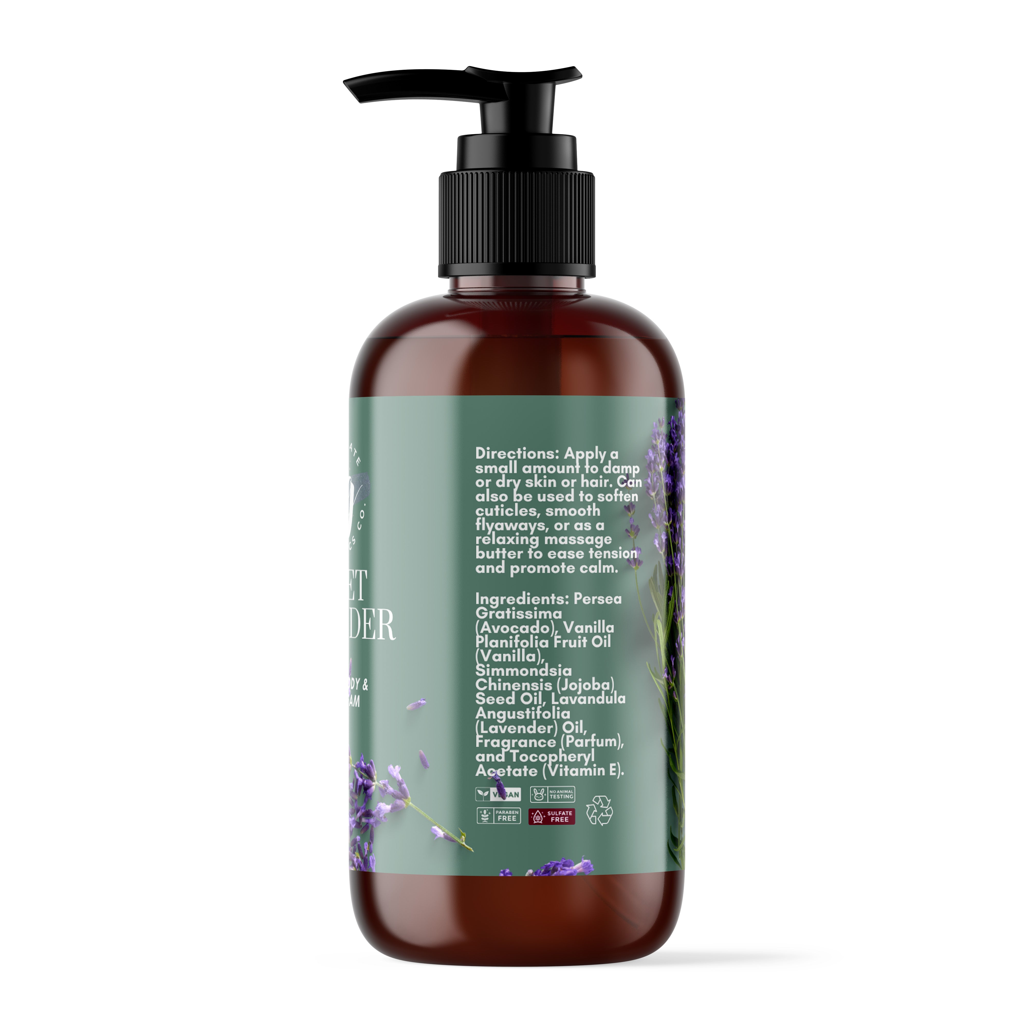 Brown bottle of Sweet Lavender body and hand cream with black pump.