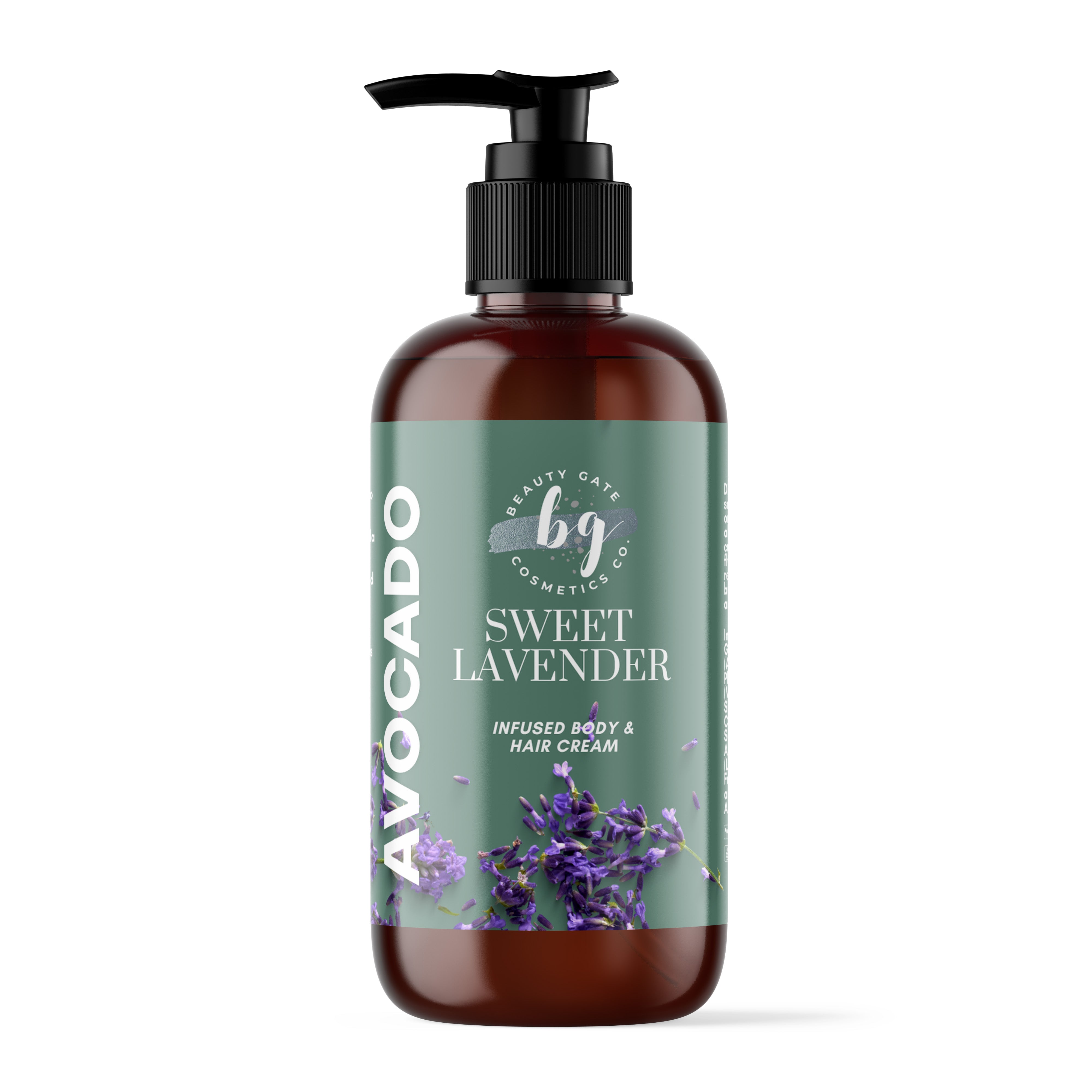 Brown bottle of "Sweet Lavender" infused body and hair cream with a black pump.