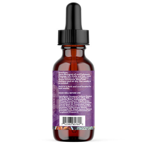 Amber bottle of Bhringraj oil with dropper applicator, label with directions and ingredients, barcode at the bottom.