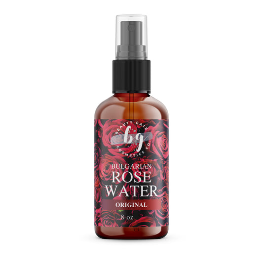 A bottle of Beauty Gate Pure Essence Bulgarian Hydrating Rose Water on a white background.