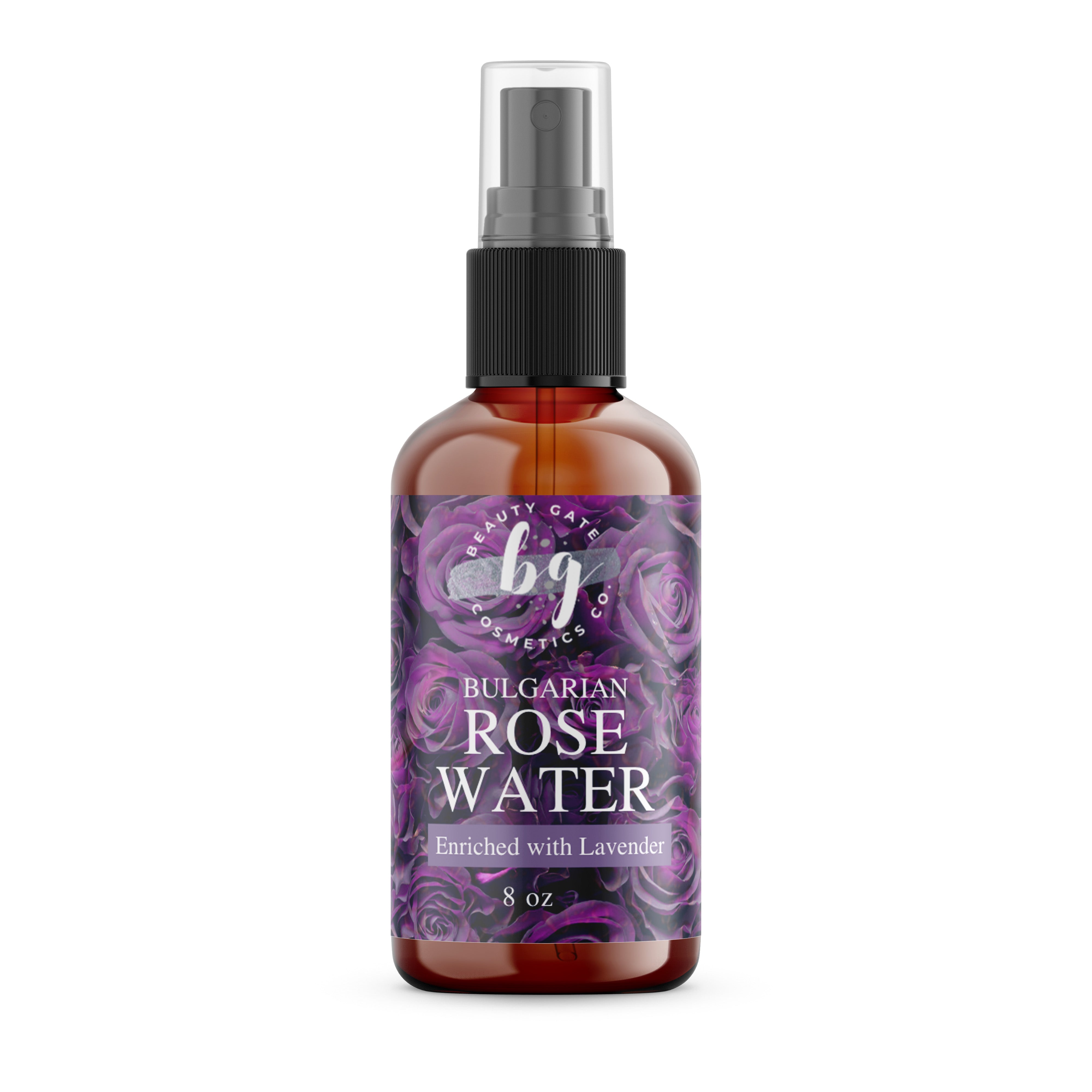 A bottle of Beauty Gate Pure Essence Bulgarian Hydrating Rose Water on a white background.