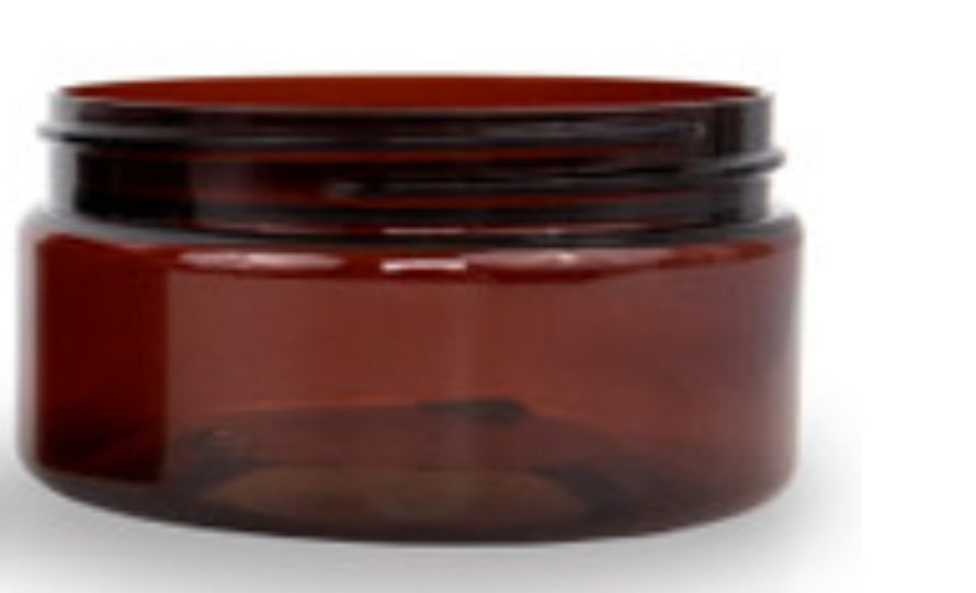 Empty amber plastic jar.
