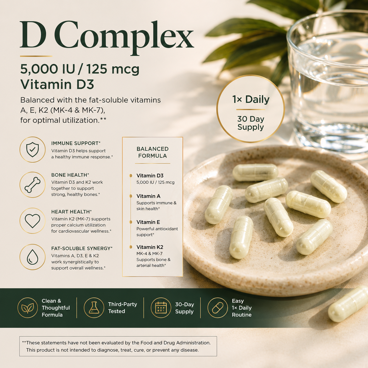 Vitamin D3 + K2 Complex – Full-Spectrum Fat-Soluble Support - 1 x Daily - 30 Day Supply Crave Nutrients